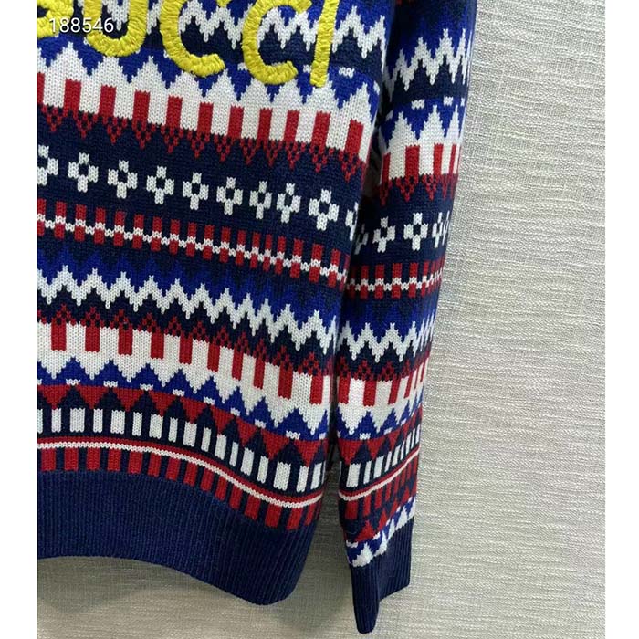Gucci Men Knit Wool Sweater Gucci Embroidery Crewneck Dropped Shoulder Rib Style ‎763391 XKDOX 4216