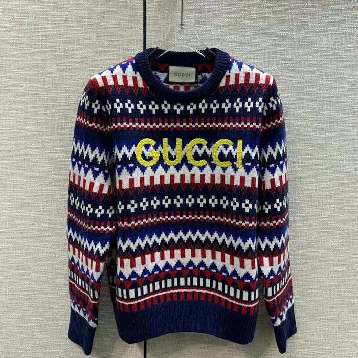 Gucci Men Knit Wool Sweater Gucci Embroidery Crewneck Dropped Shoulder Rib Style ‎763391 XKDOX 4216