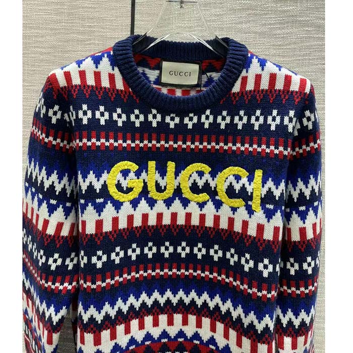 Gucci Men Knit Wool Sweater Gucci Embroidery Crewneck Dropped Shoulder Rib Style ‎763391 XKDOX 4216