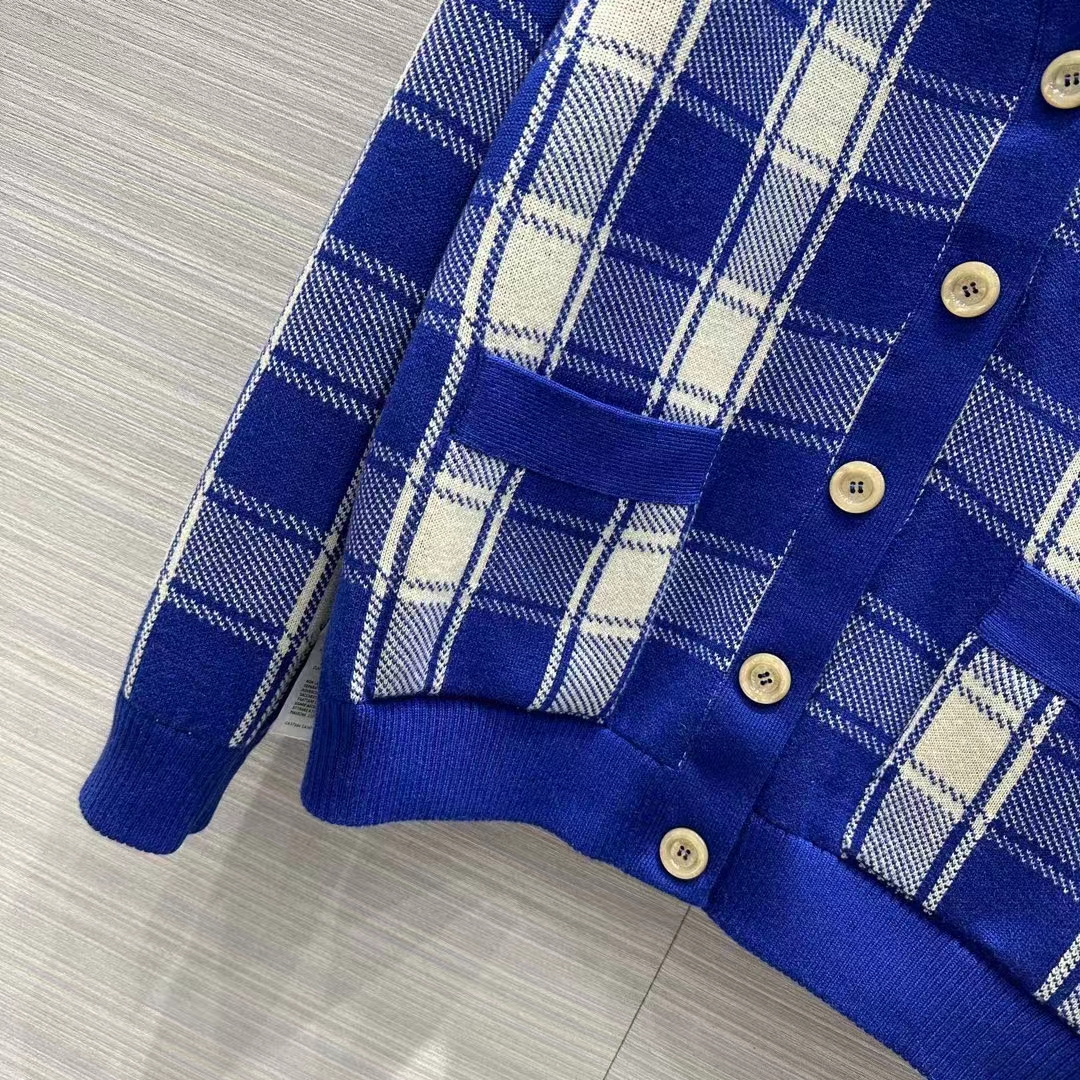Gucci Men Reversible Checked Wool Cardigan V-Neck Dropped Shoulder Blue Ivory Maxi GG