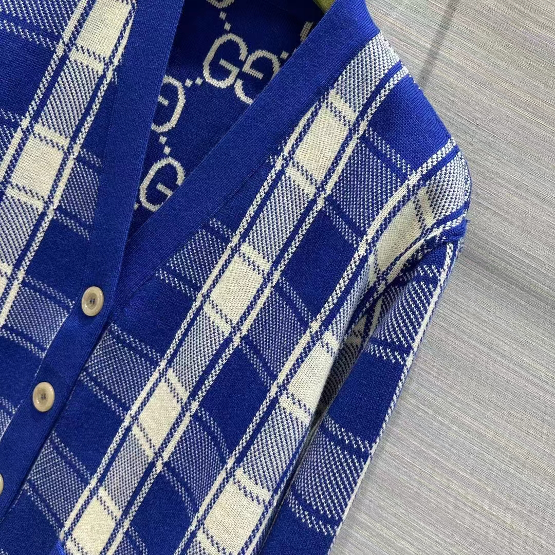Gucci Men Reversible Checked Wool Cardigan V-Neck Dropped Shoulder Blue Ivory Maxi GG