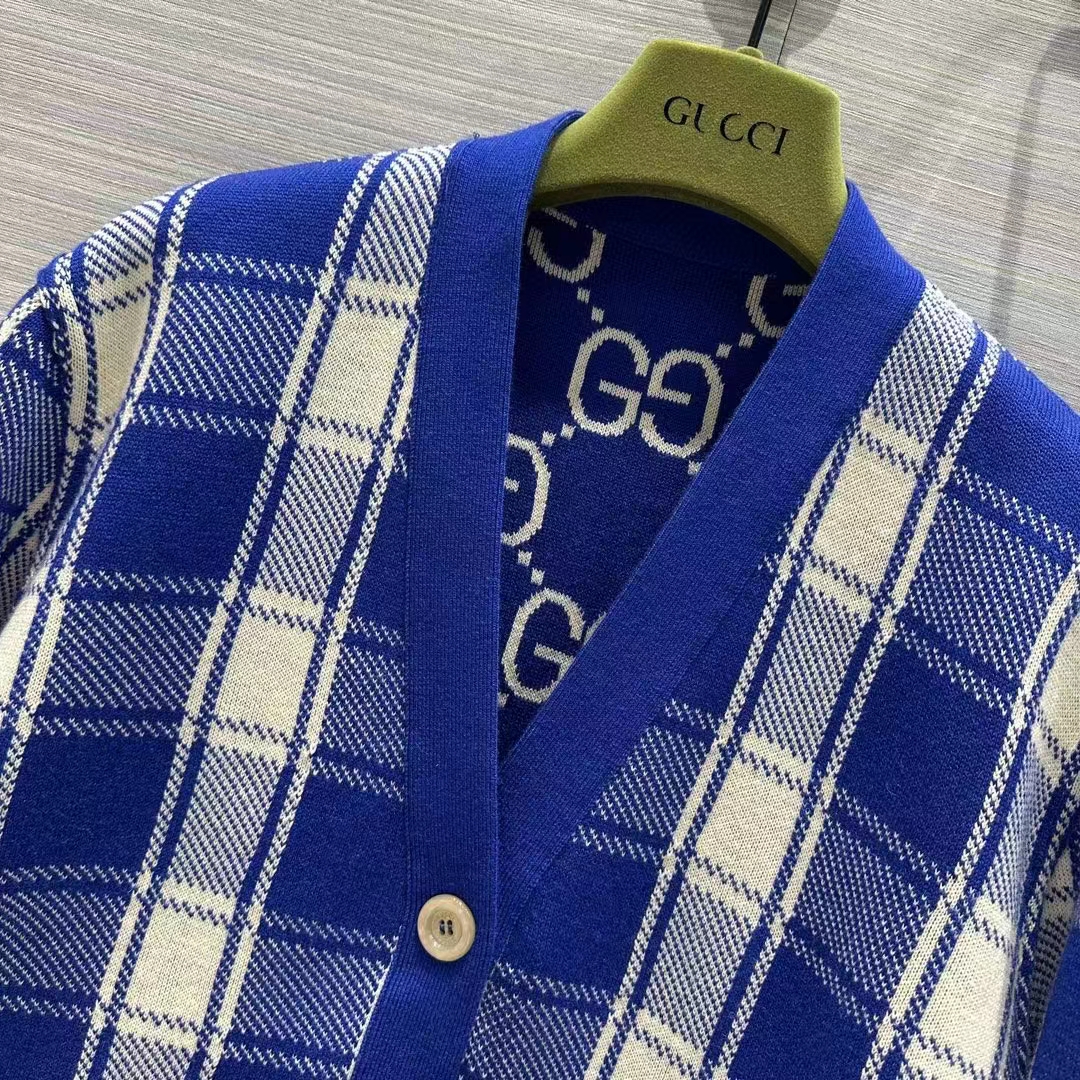 Gucci Men Reversible Checked Wool Cardigan V-Neck Dropped Shoulder Blue Ivory Maxi GG