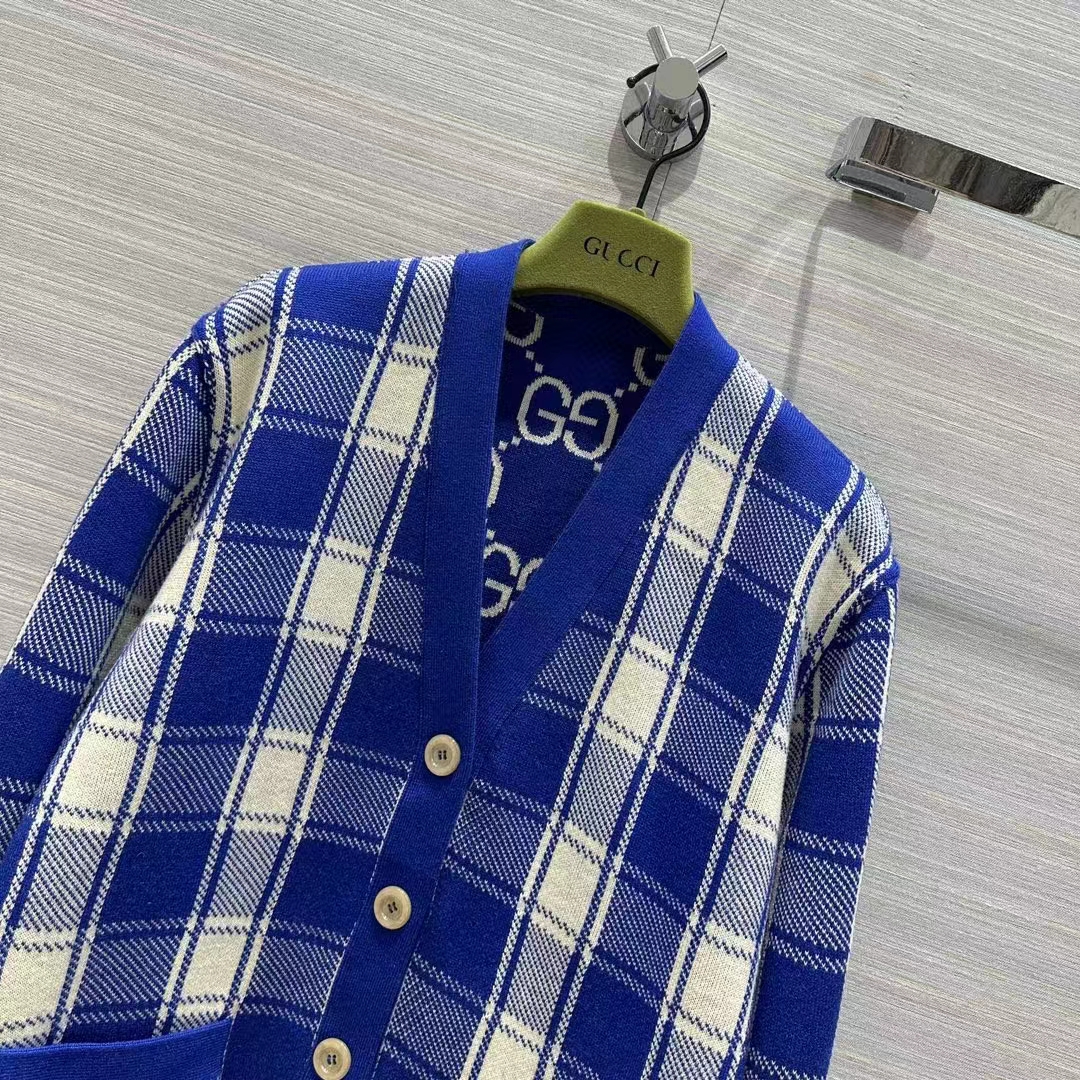 Gucci Men Reversible Checked Wool Cardigan V-Neck Dropped Shoulder Blue Ivory Maxi GG