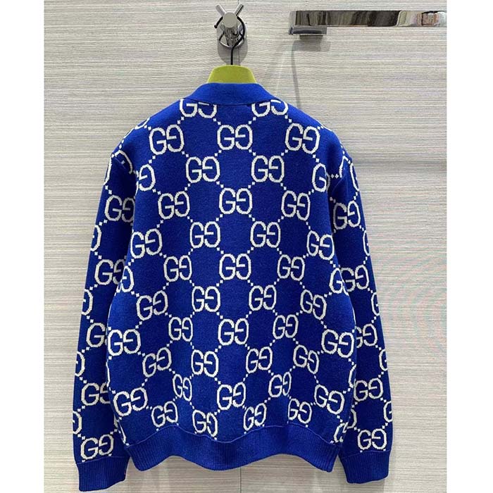 Gucci Men Reversible Checked Wool Cardigan V-Neck Dropped Shoulder Blue Ivory Maxi GG