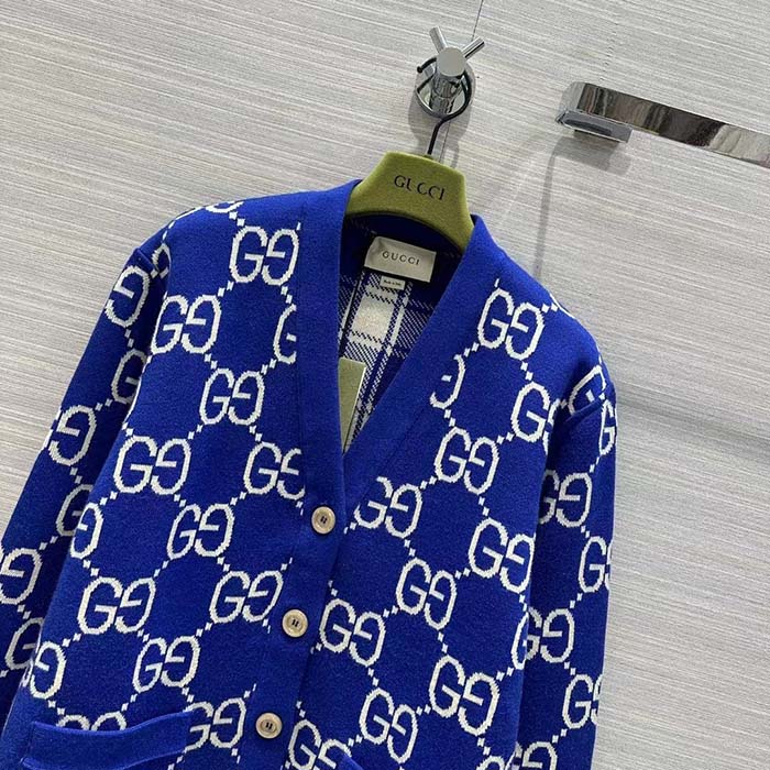 Gucci Men Reversible Checked Wool Cardigan V-Neck Dropped Shoulder Blue Ivory Maxi GG