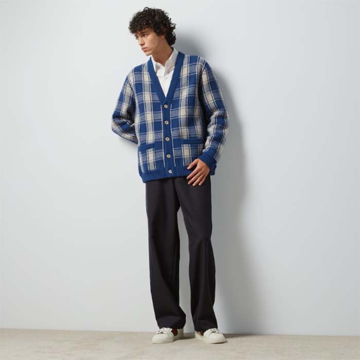 Gucci Men Reversible Checked Wool Cardigan V-Neck Dropped Shoulder Blue Ivory Maxi GG