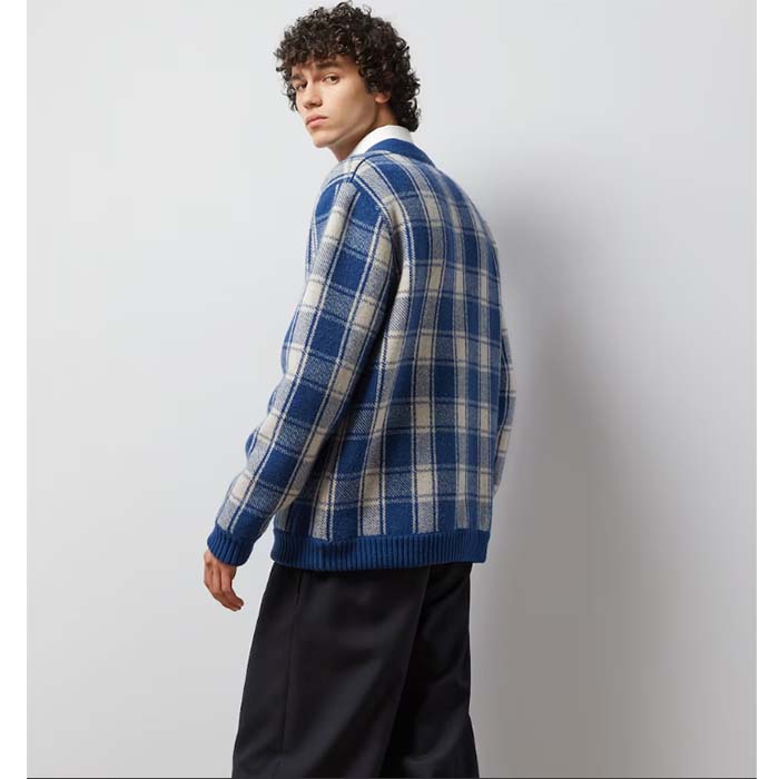 Gucci Men Reversible Checked Wool Cardigan V-Neck Dropped Shoulder Blue Ivory Maxi GG