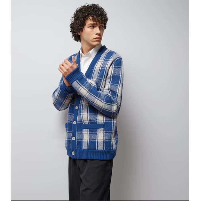 Gucci Men Reversible Checked Wool Cardigan V-Neck Dropped Shoulder Blue Ivory Maxi GG