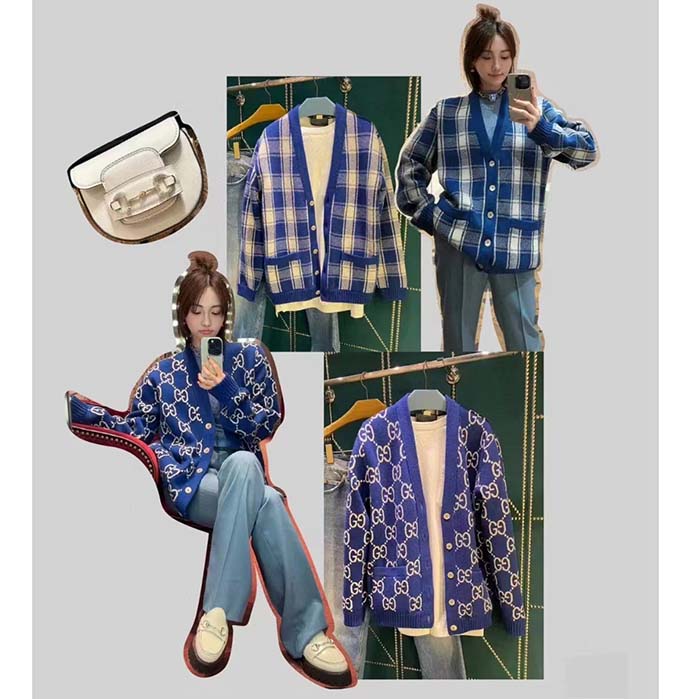 Gucci Women Reversible Checked Wool Cardigan V-Neck Dropped Shoulder Blue Ivory Maxi GG