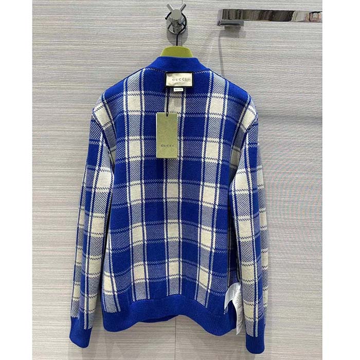Gucci Men Reversible Checked Wool Cardigan V-Neck Dropped Shoulder Blue Ivory Maxi GG