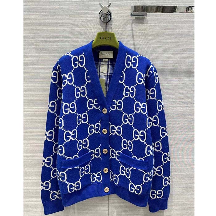 Gucci Men Reversible Checked Wool Cardigan V-Neck Dropped Shoulder Blue Ivory Maxi GG