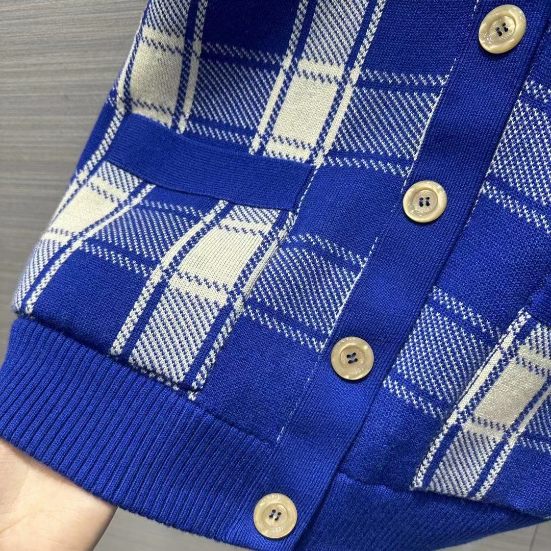 Gucci Men Reversible Checked Wool Cardigan V-Neck Dropped Shoulder Blue Ivory Maxi GG