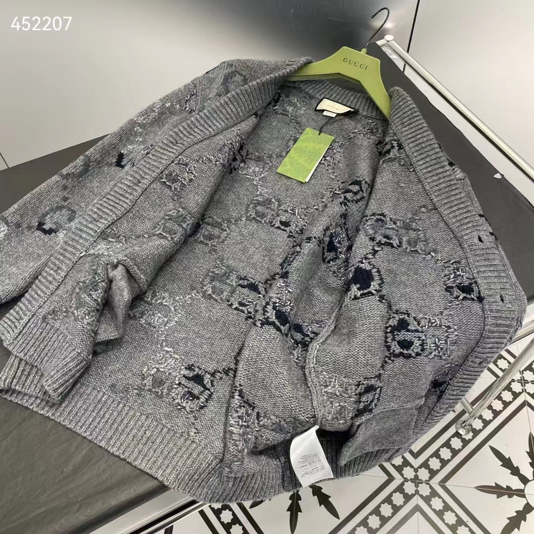 Gucci Women Wool Cardigan GG Intarsia Grey Allover V-Neck Dropped Shoulder Long Sleeves Style ‎770507 XKDSJ 1128