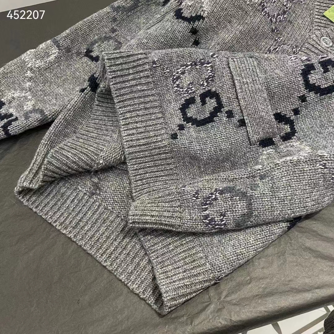 Gucci Women Wool Cardigan GG Intarsia Grey Allover V-Neck Dropped Shoulder Long Sleeves Style ‎770507 XKDSJ 1128