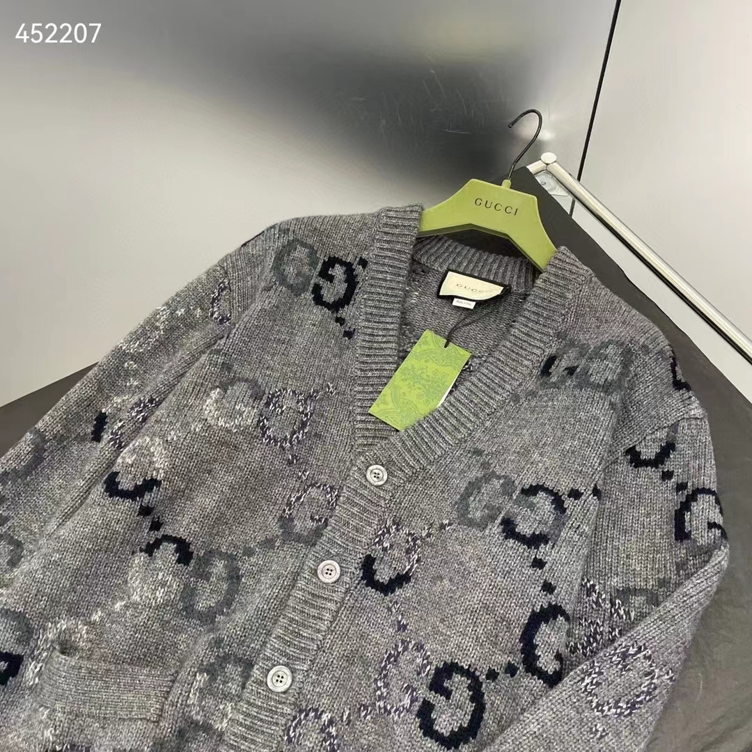 Gucci Women Wool Cardigan GG Intarsia Grey Allover V-Neck Dropped Shoulder Long Sleeves Style ‎770507 XKDSJ 1128