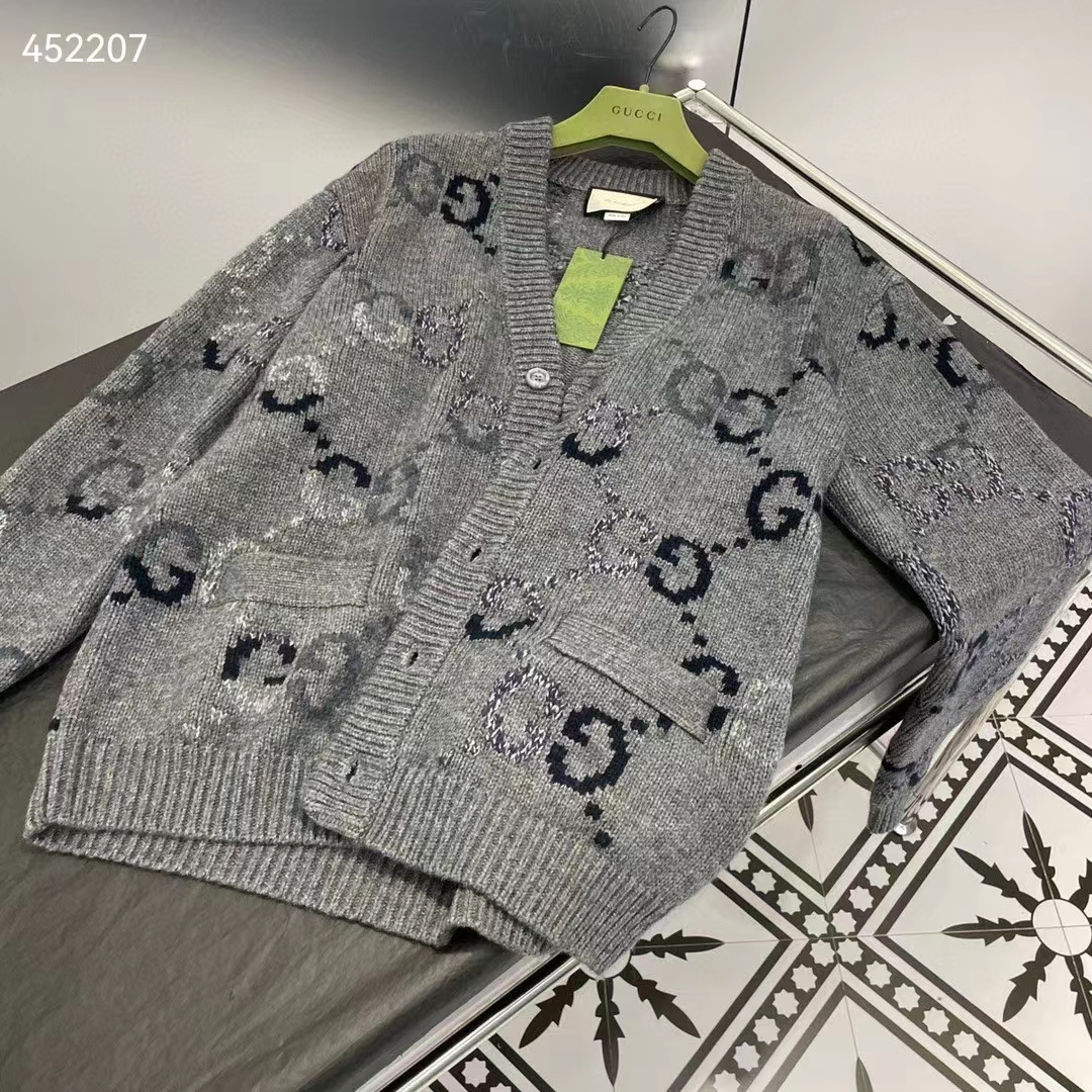 Gucci Women Wool Cardigan GG Intarsia Grey Allover V-Neck Dropped Shoulder Long Sleeves Style ‎770507 XKDSJ 1128