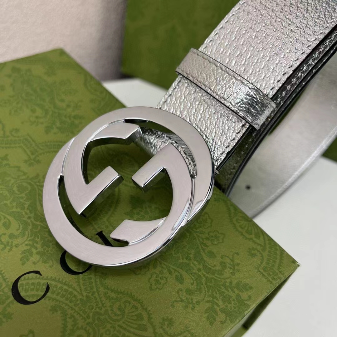 Gucci Unisex GG Interlocking G Buckle Wide Belt Silver Leather 4.6 CM Belt