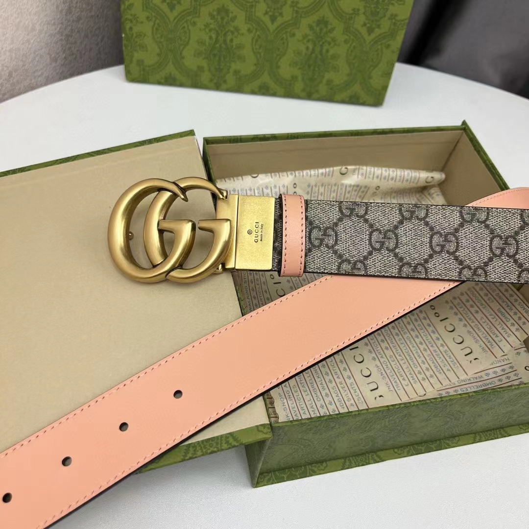 Gucci Unisex GG Marmont Reversible Belt Double G Buckle 3 CM Width Beige Leather