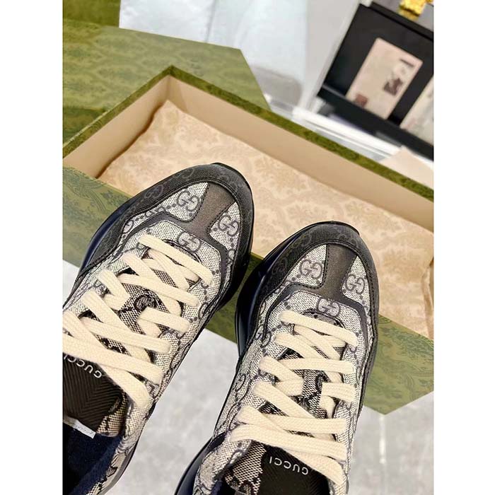 Gucci Unisex GG Rhyton Sneaker Beige Blue GG Supreme Canvas Rubber Sole Low-Heel
