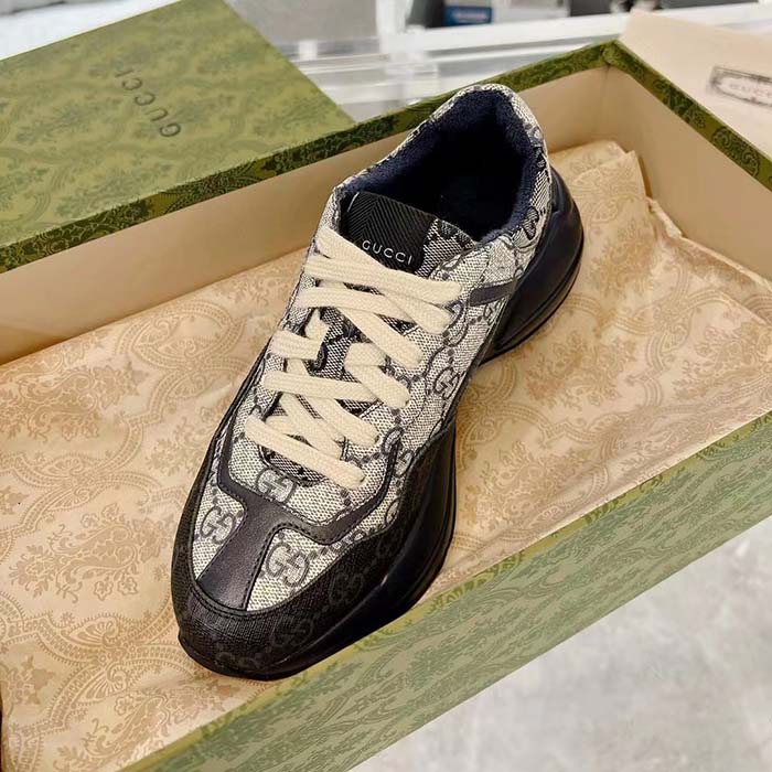 Gucci Unisex GG Rhyton Sneaker Beige Blue GG Supreme Canvas Rubber Sole Low-Heel