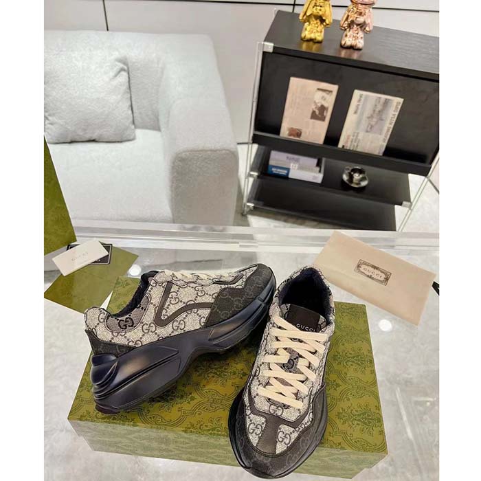 Gucci Unisex GG Rhyton Sneaker Beige Blue GG Supreme Canvas Rubber Sole Low-Heel