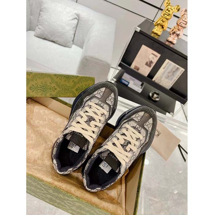 Gucci Unisex GG Rhyton Sneaker Beige Blue GG Supreme Canvas Rubber Sole Low-Heel
