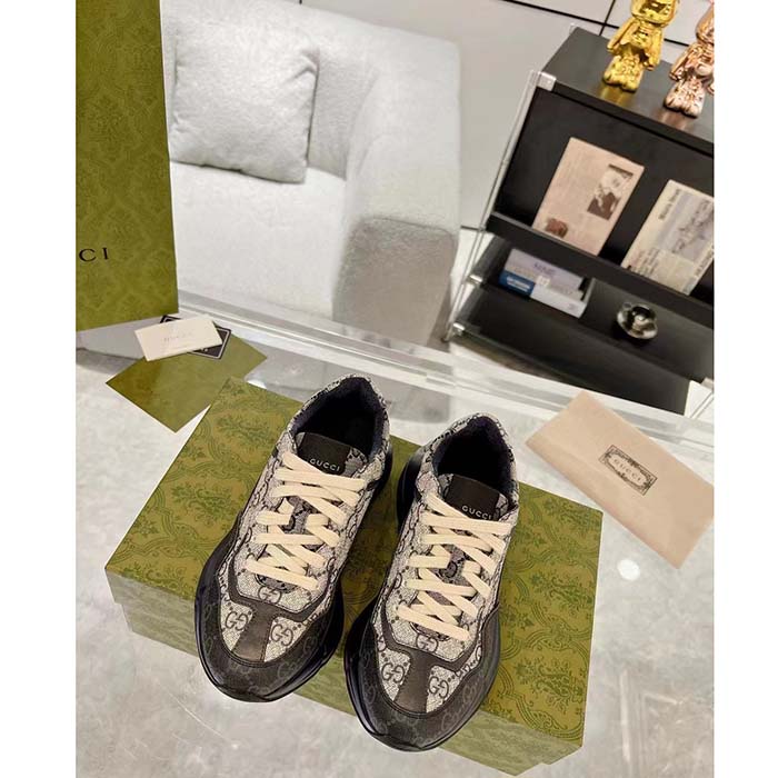 Gucci Unisex GG Rhyton Sneaker Beige Blue GG Supreme Canvas Rubber Sole Low-Heel