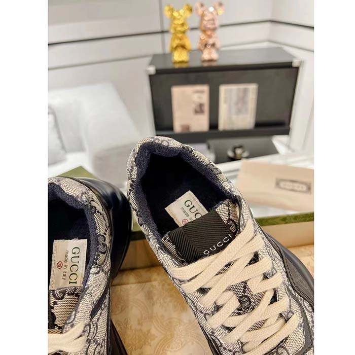 Gucci Unisex GG Rhyton Sneaker Beige Blue GG Supreme Canvas Rubber Sole Low-Heel