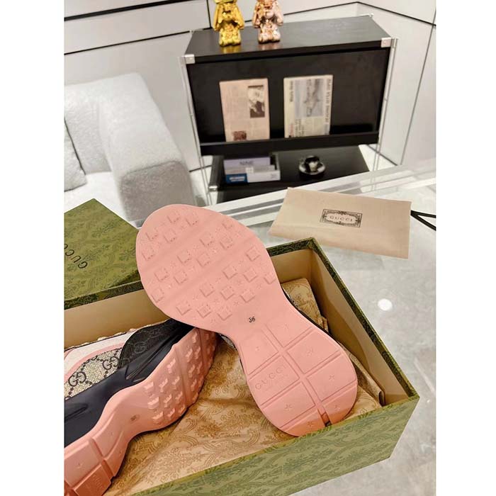 Gucci Unisex GG Rhyton Sneaker Beige Blue GG Supreme Canvas Rubber Sole Mid-Heel