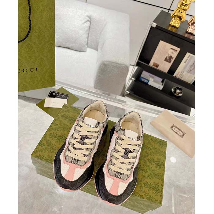 Gucci Unisex GG Rhyton Sneaker Beige Blue GG Supreme Canvas Rubber Sole Mid-Heel