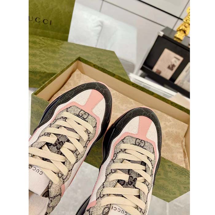 Gucci Unisex GG Rhyton Sneaker Beige Blue GG Supreme Canvas Rubber Sole Mid-Heel