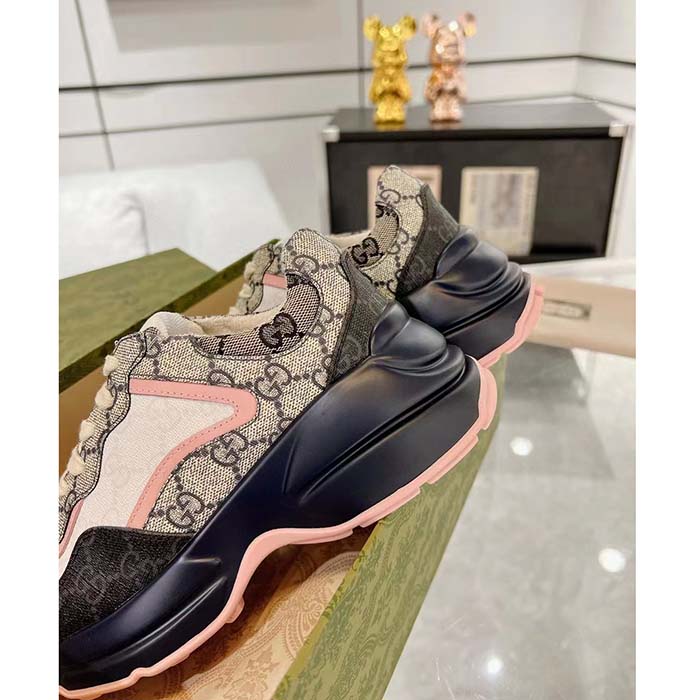 Gucci Unisex GG Rhyton Sneaker Beige Blue GG Supreme Canvas Rubber Sole Mid-Heel