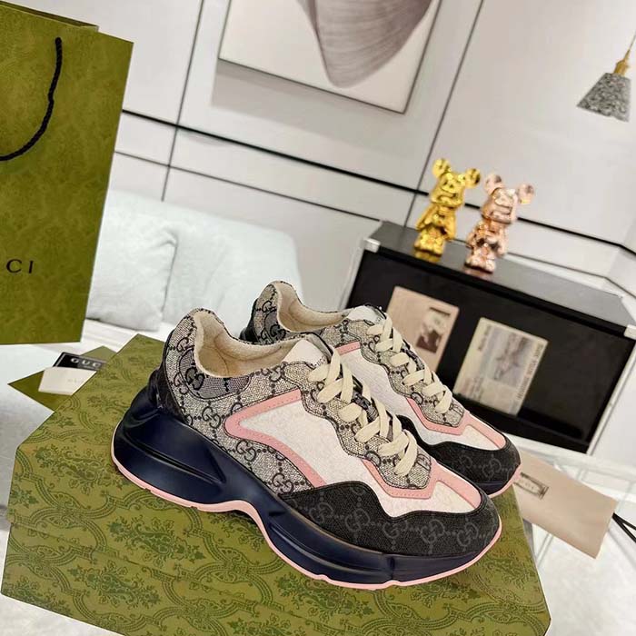 Gucci Unisex GG Rhyton Sneaker Beige Blue GG Supreme Canvas Rubber Sole Mid-Heel