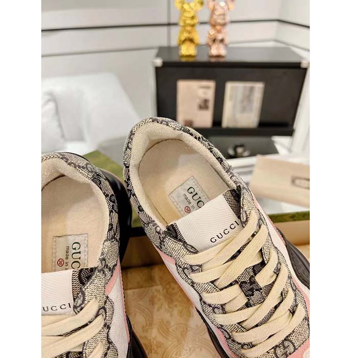 Gucci Unisex GG Rhyton Sneaker Beige Blue GG Supreme Canvas Rubber Sole Mid-Heel