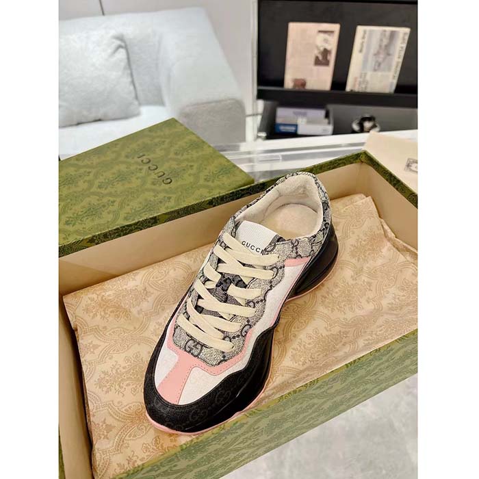 Gucci Unisex GG Rhyton Sneaker Beige Blue GG Supreme Canvas Rubber Sole Mid-Heel