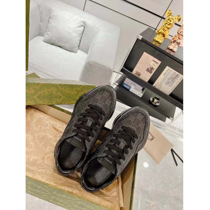 Gucci Unisex GG Rhyton Sneaker Black GG Supreme Canvas Rubber Sole Mid-Heel