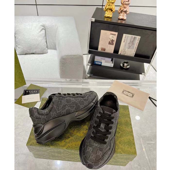 Gucci Unisex GG Rhyton Sneaker Black GG Supreme Canvas Rubber Sole Mid-Heel