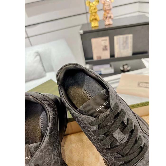 Gucci Unisex GG Rhyton Sneaker Black GG Supreme Canvas Rubber Sole Mid-Heel