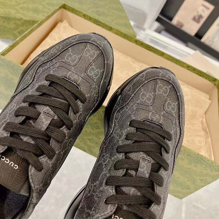 Gucci Unisex GG Rhyton Sneaker Black GG Supreme Canvas Rubber Sole Mid-Heel
