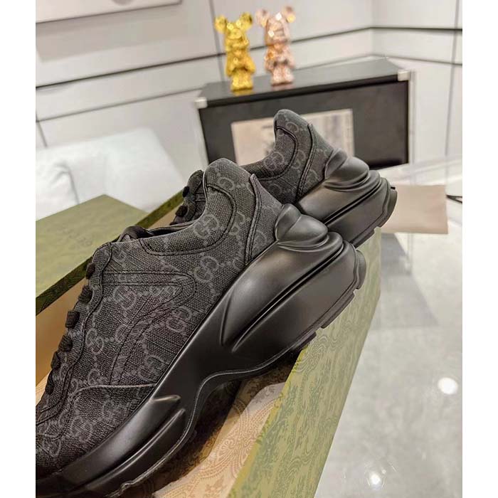Gucci Unisex GG Rhyton Sneaker Black GG Supreme Canvas Rubber Sole Mid-Heel