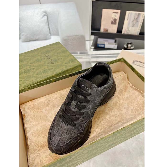 Gucci Unisex GG Rhyton Sneaker Black GG Supreme Canvas Rubber Sole Mid-Heel