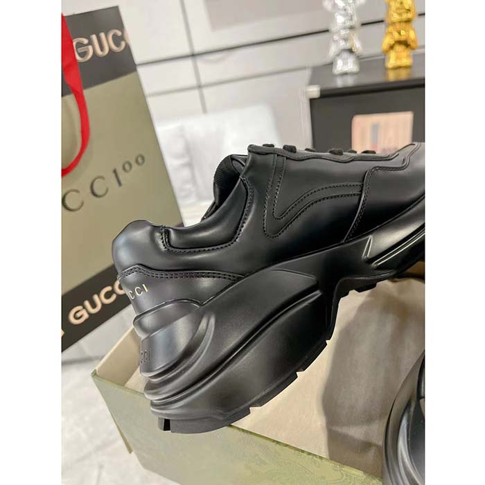 Gucci Unisex GG Rhyton Sneaker Black Leather Rubber Sole Lace-Up Mid-Heel