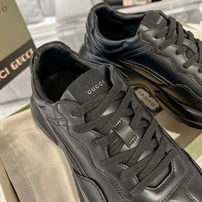 Gucci Unisex GG Rhyton Sneaker Black Leather Rubber Sole Lace-Up Mid-Heel