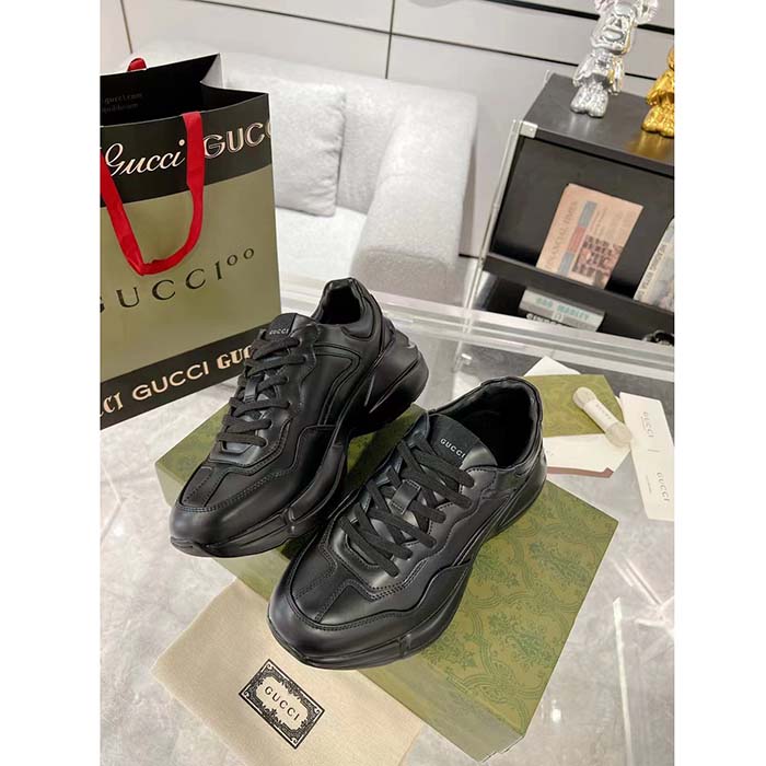 Gucci Unisex GG Rhyton Sneaker Black Leather Rubber Sole Lace-Up Mid-Heel
