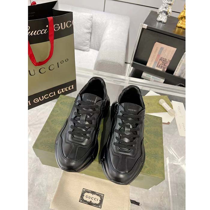 Gucci Unisex GG Rhyton Sneaker Black Leather Rubber Sole Lace-Up Mid-Heel