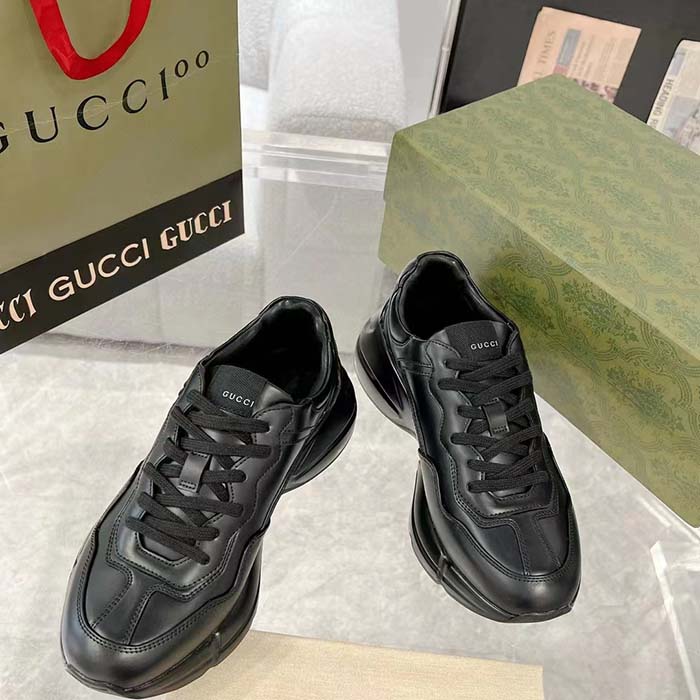 Gucci Unisex GG Rhyton Sneaker Black Leather Rubber Sole Lace-Up Mid-Heel