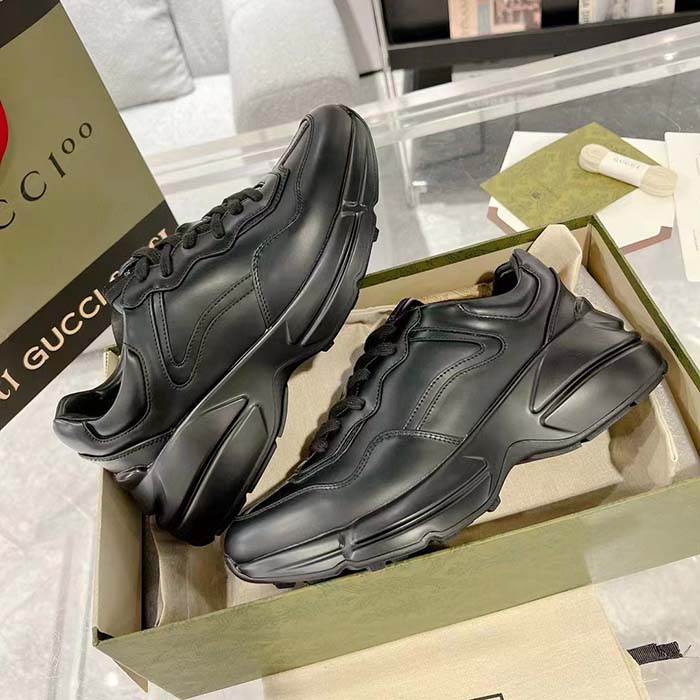 Gucci Unisex GG Rhyton Sneaker Black Leather Rubber Sole Lace-Up Mid-Heel