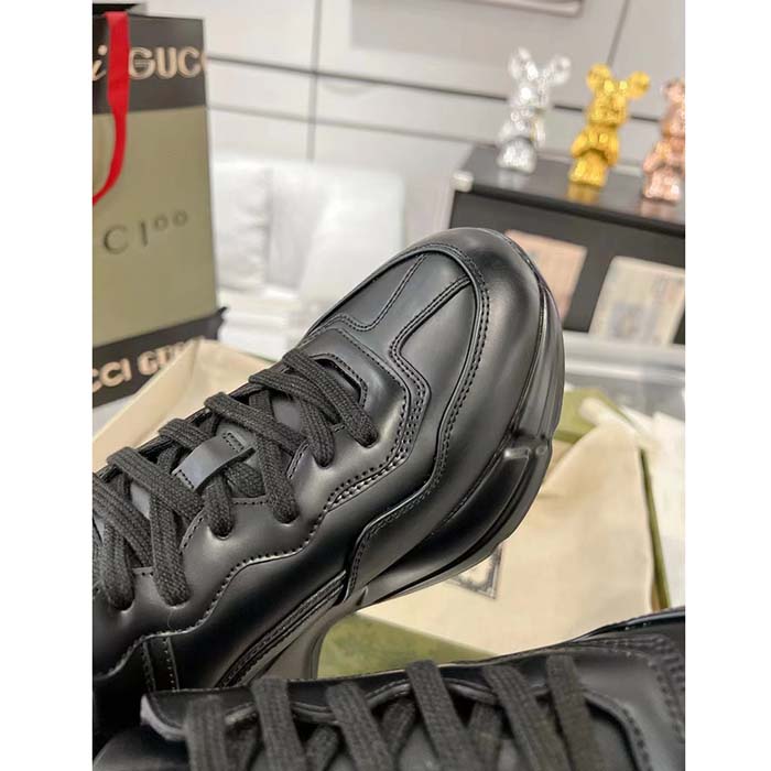 Gucci Unisex GG Rhyton Sneaker Black Leather Rubber Sole Lace-Up Mid-Heel