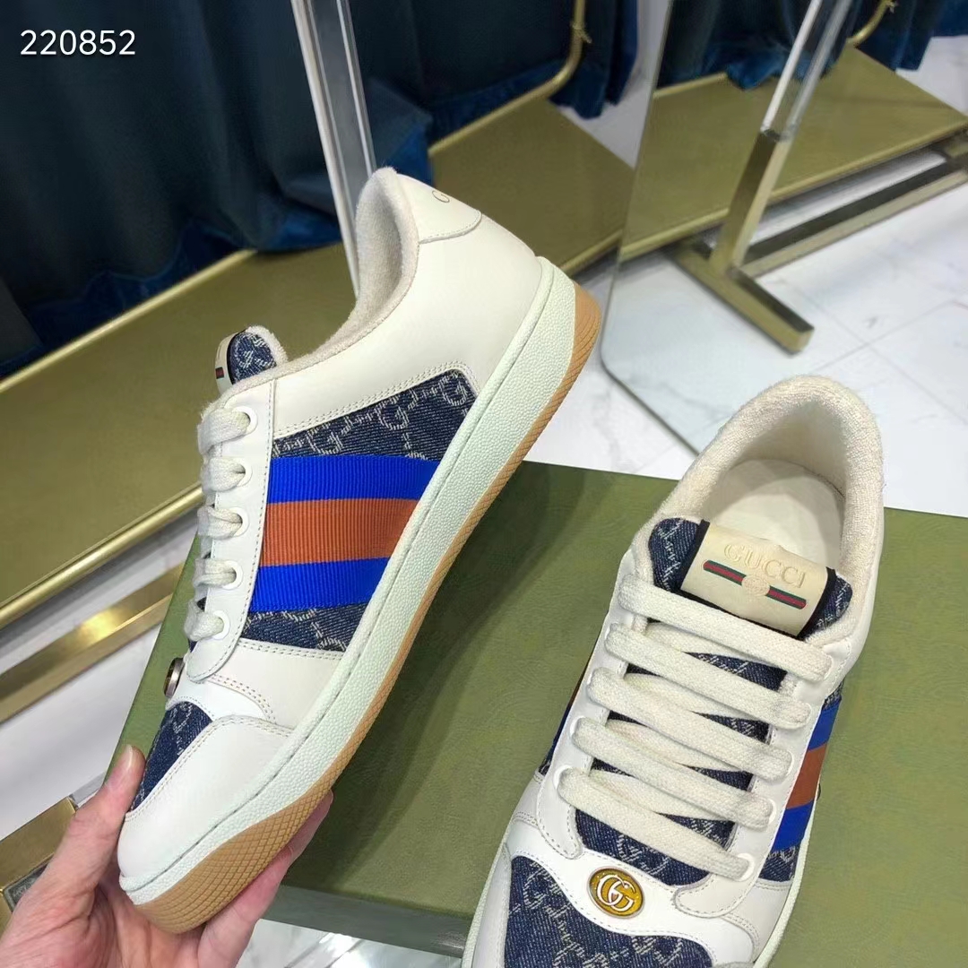 Gucci Unisex GG Screener Sneaker Blue Ivory Washed Organic Denim Bi-Color Rubber Low Heel Style ‎576223 2KQ40 4467