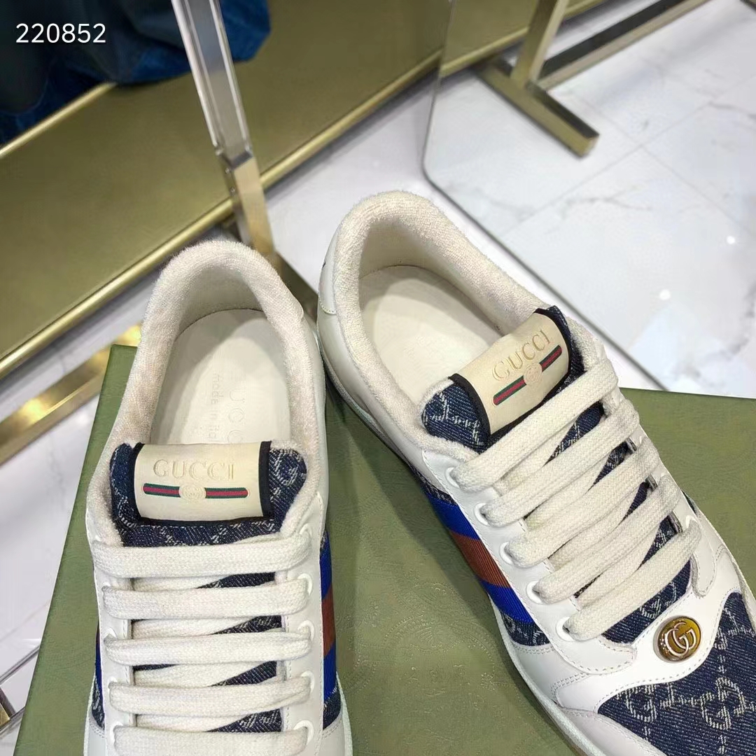 Gucci Unisex GG Screener Sneaker Blue Ivory Washed Organic Denim Bi-Color Rubber Low Heel Style ‎576223 2KQ40 4467